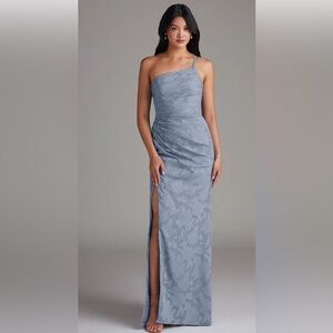 Azazie Eren dress. Size 12 in Dusty Blue with floral burnout fabric.